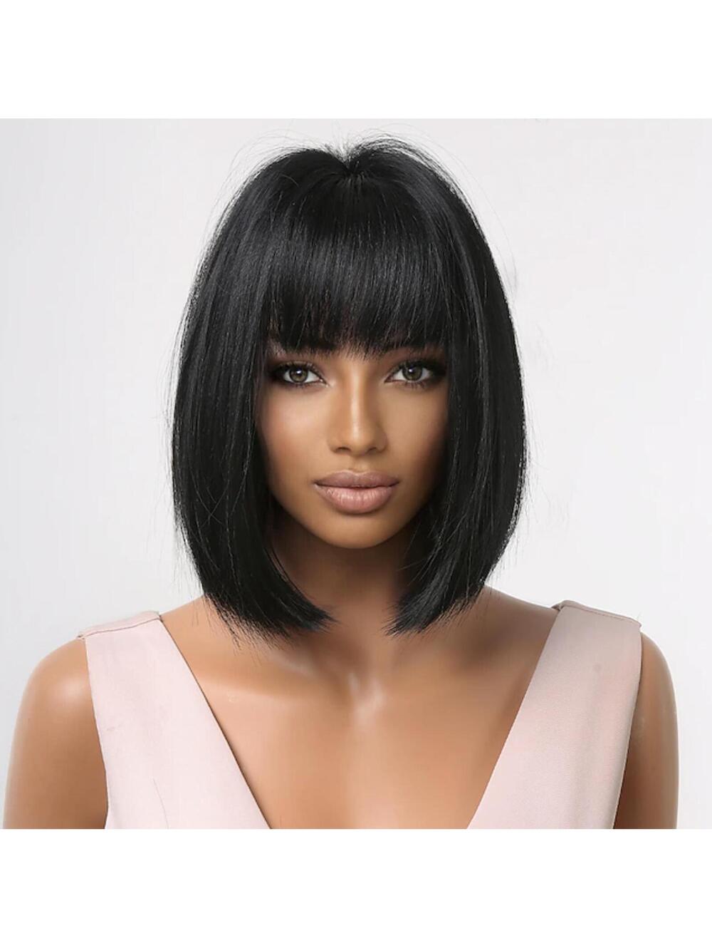Black Bob Wig with Bangs 12" Short Bob Wigs Women Short Black Wig Heat USA 2011